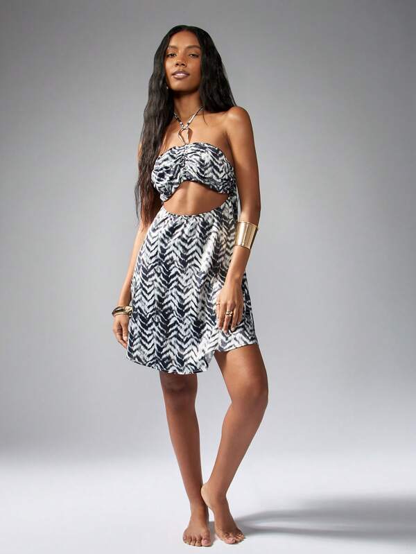 Missguided MISSGUIDED Zebra Print Cut Out Ruched Bandeau Strapless Mini Dresses