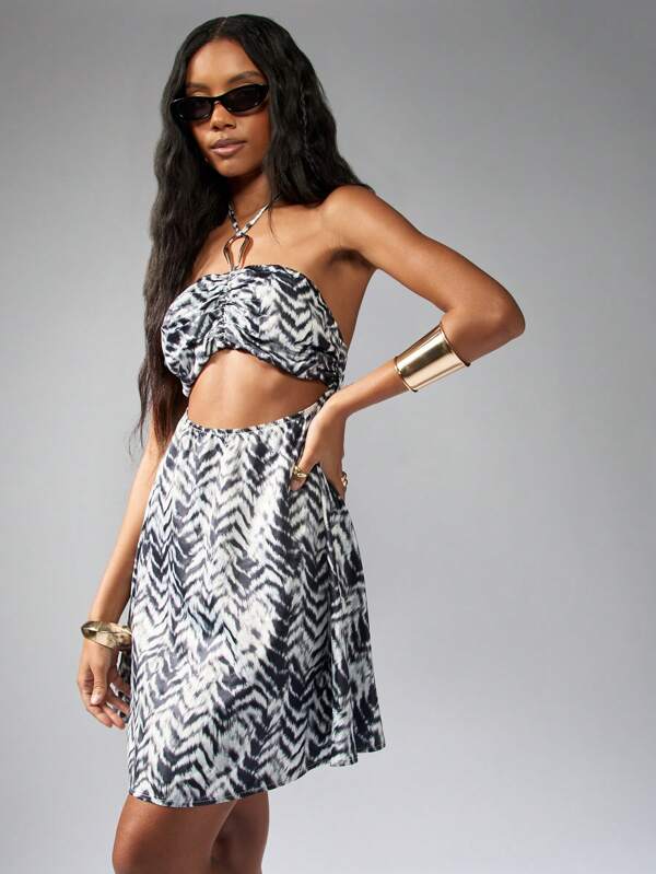 missguided MISSGUIDED Zebra Print Cut Out Ruched Bandeau Strapless Mini Dresses