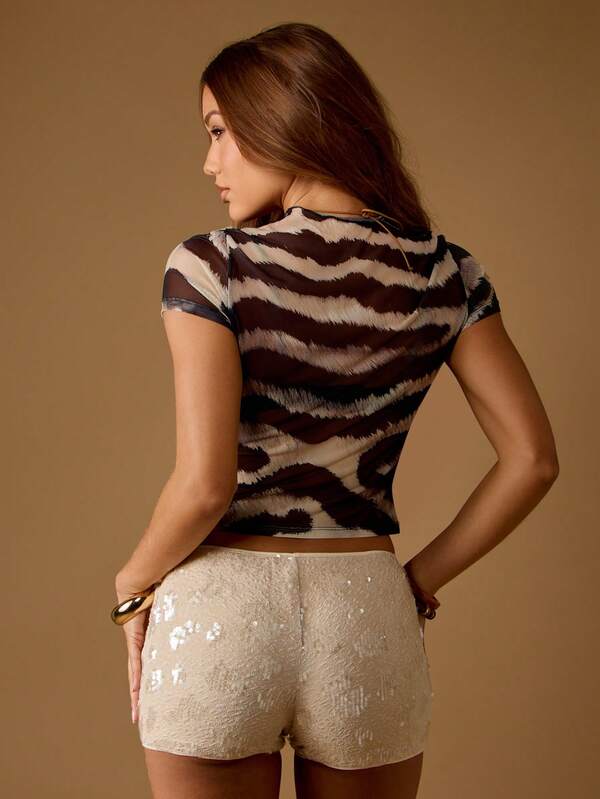 Missguided MISSGUIDED Zebra Print Mesh Crop Top With Cap Sleeves