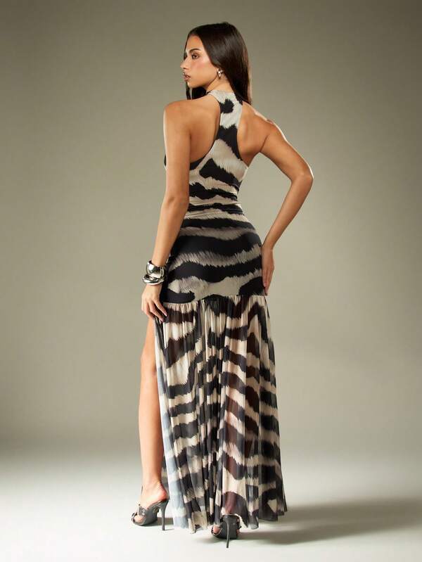 Missguided MISSGUIDED Zebra Print Mesh Halter Maxi Dress With High Split