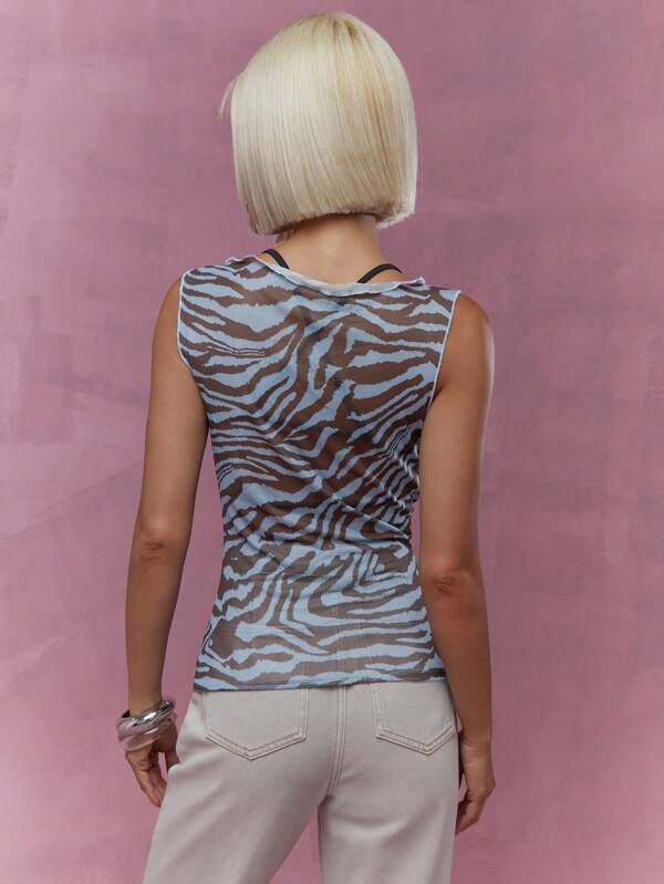Missguided MISSGUIDED Zebra Print Sheer Boat Neck Tank Top