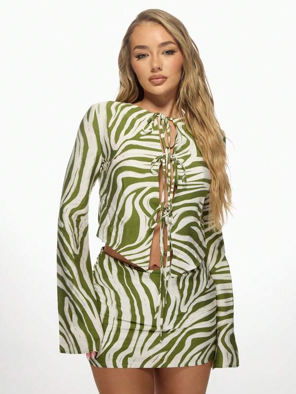 missguided MISSGUIDED Zebra Print Two-Piece Set With Long Sleeve Crop Top And Skirt