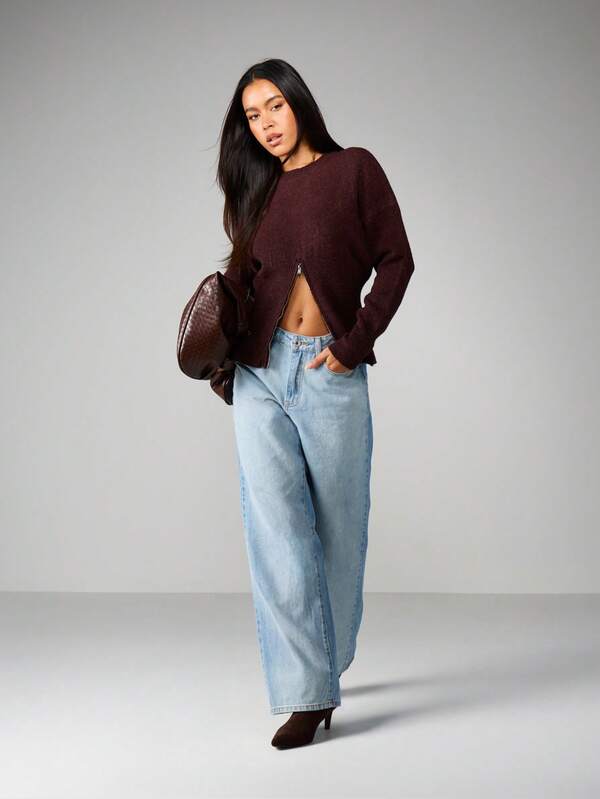 Missguided MISSGUIDED Zip Front Knit Sweater With Ribbed Texture