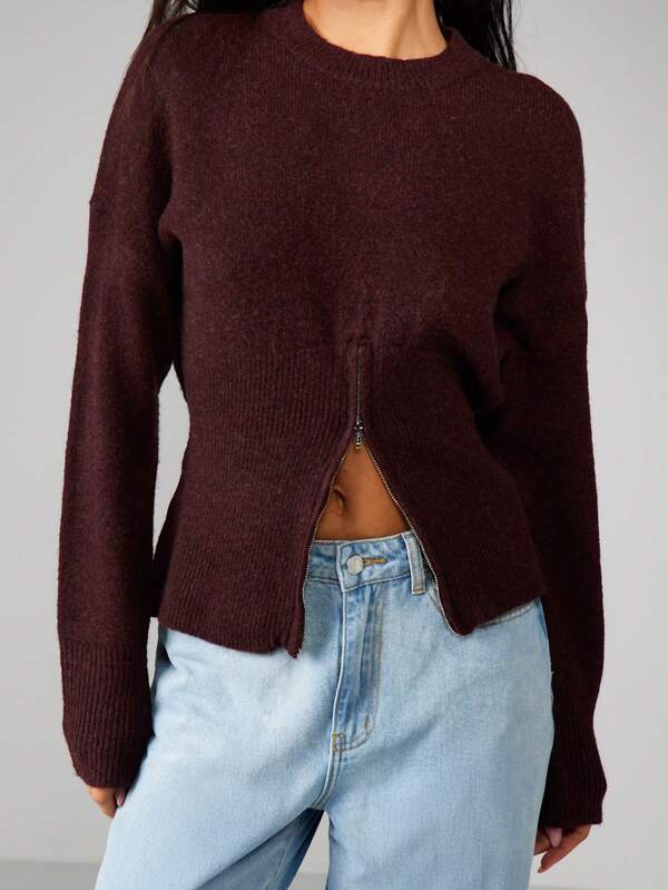 Missguided MISSGUIDED Zip Front Knit Sweater With Ribbed Texture