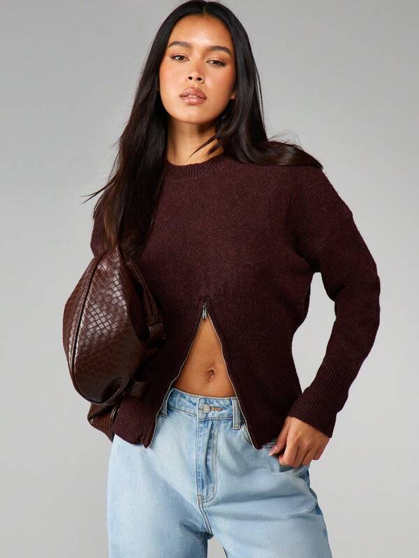 missguided MISSGUIDED Zip Front Knit Sweater With Ribbed Texture missguided MISSGUIDED Zip Front Knit Sweater With Ribbed Texture