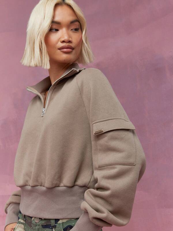 Missguided MISSGUIDED Zip Through High Neck Pocket Detail Long Sleeves Sweatshirt