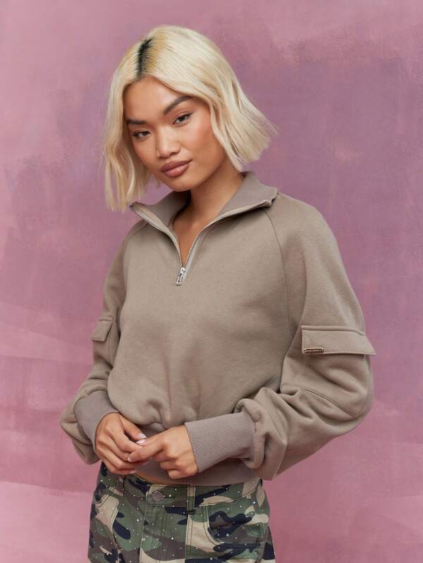 missguided MISSGUIDED Zip Through High Neck Pocket Detail Long Sleeves Sweatshirt