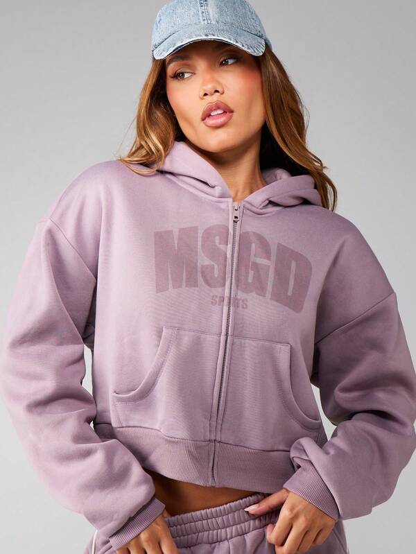 Missguided MISSGUIDED Zip Up Hooded Graphic Sweatshirt With Drawstring