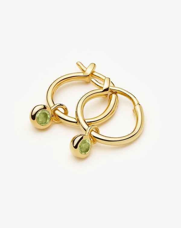 missoma August Birthstone Mini Charm Hoop Earrings | 18ct Gold Vermeil/Peridot Earrings