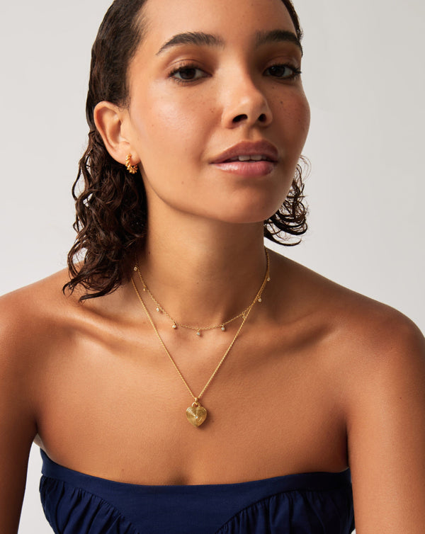 Missoma Engravable Heart Ridge Locket Pendant Necklace | 18ct Gold Vermeil/Rainbow Moonstone