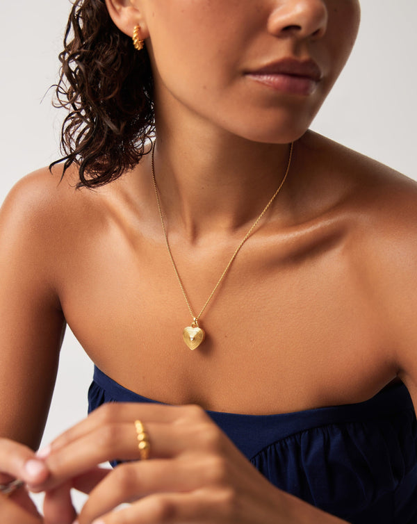 Missoma Engravable Heart Ridge Locket Pendant Necklace | 18ct Gold Vermeil/Rainbow Moonstone