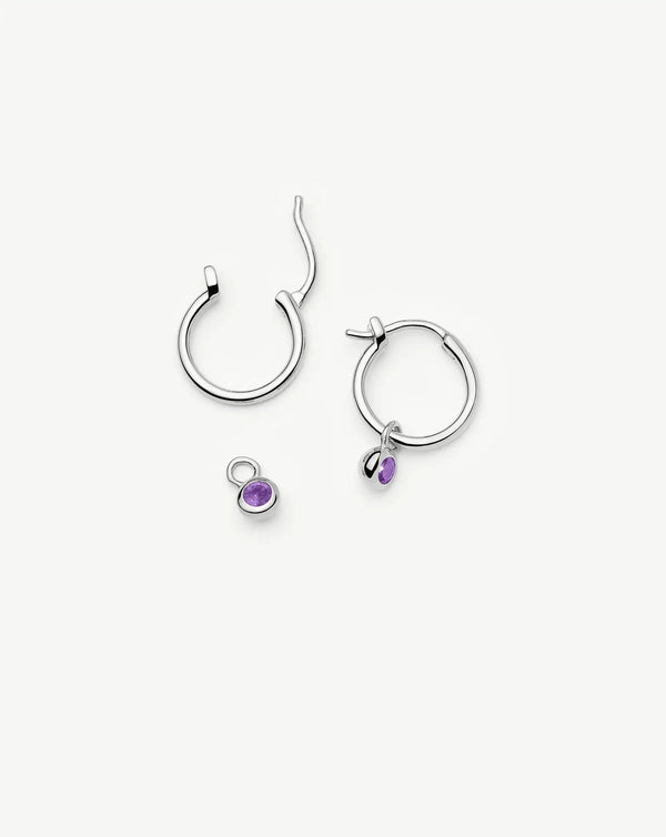 missoma February Birthstone Mini Charm Hoop Earrings | Sterling Silver/Amethyst Earrings