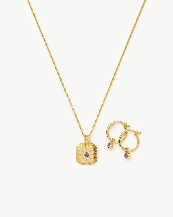 missoma February Birthstone Necklace & Charm Earrings Set | 18ct Gold Vermeil/Amethyst Necklaces
