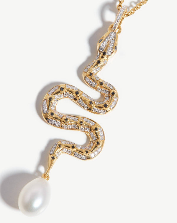 missoma Harris Reed 14ct Solid Gold Serpent Necklace | Pearl & Diamond