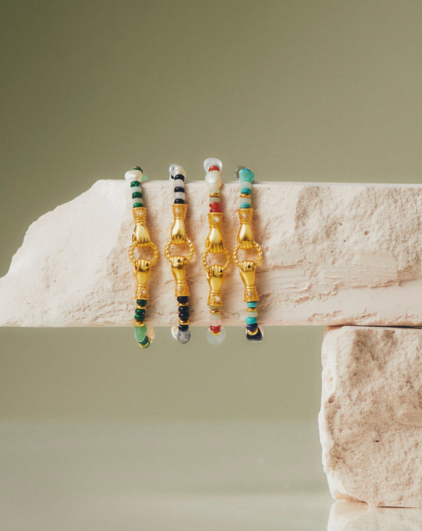 Missoma Harris Reed In Good Hands Beaded Gemstone Bracelet | 18ct Gold Plated/Multi Green Gemstone & Pearl