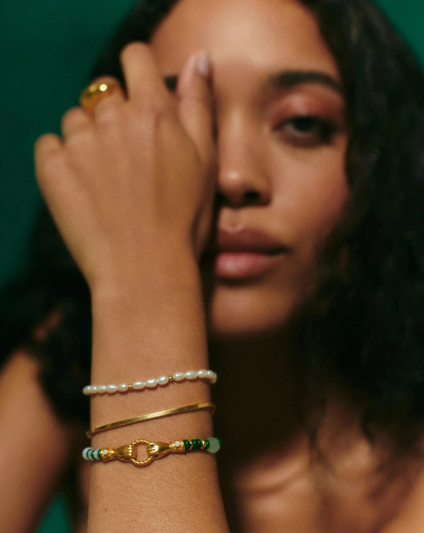 Missoma Harris Reed In Good Hands Beaded Gemstone Bracelet | 18ct Gold Plated/Multi Green Gemstone & Pearl