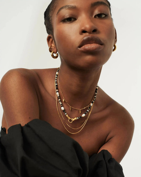 Missoma Harris Reed In Good Hands Beaded Gemstone Necklace | 18ct Gold Plated/Black Chalcedony & Pearl