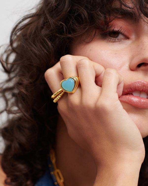 Missoma Jelly Heart Gemstone Ring | 18ct Gold Plated/Aqua Chalcedony