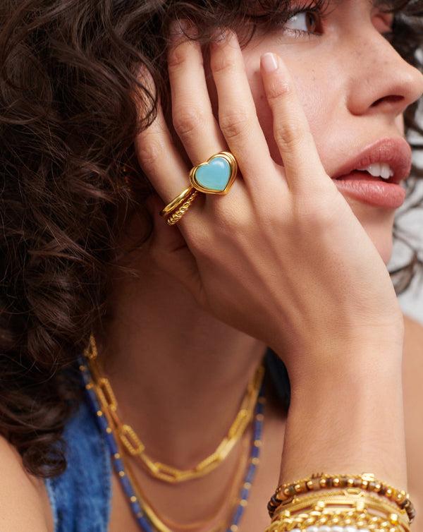 Missoma Jelly Heart Gemstone Ring | 18ct Gold Plated/Aqua Chalcedony