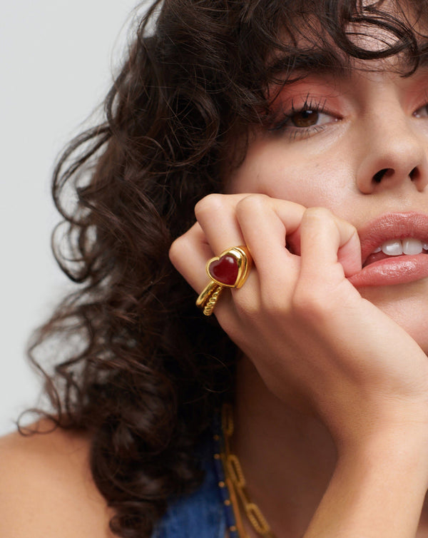 Missoma Jelly Heart Gemstone Ring | 18ct Gold Plated/Pink Quartz