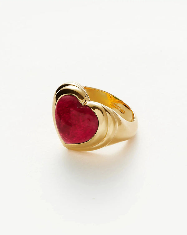 Missoma Jelly Heart Gemstone Ring | 18ct Gold Plated/Pink Quartz