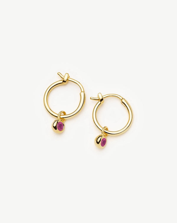 missoma July Birthstone Mini Charm Hoop Earrings | 18ct Gold Vermeil/Glass Filled Ruby Earrings