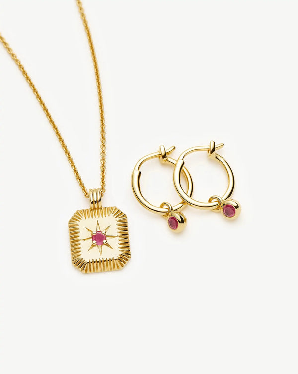 Missoma July Birthstone Necklace & Charm Earrings Set | 18ct Gold Vermeil/Glass Filled Ruby Necklaces