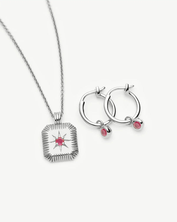 Missoma July Birthstone Necklace & Charm Earrings Set | Sterling Silver/Glass Filled Ruby Necklaces
