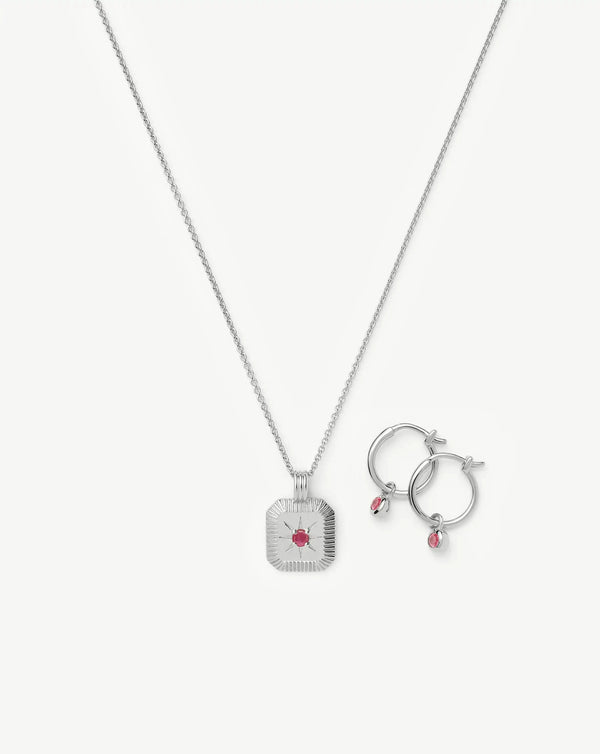 missoma July Birthstone Necklace & Charm Earrings Set | Sterling Silver/Glass Filled Ruby Necklaces