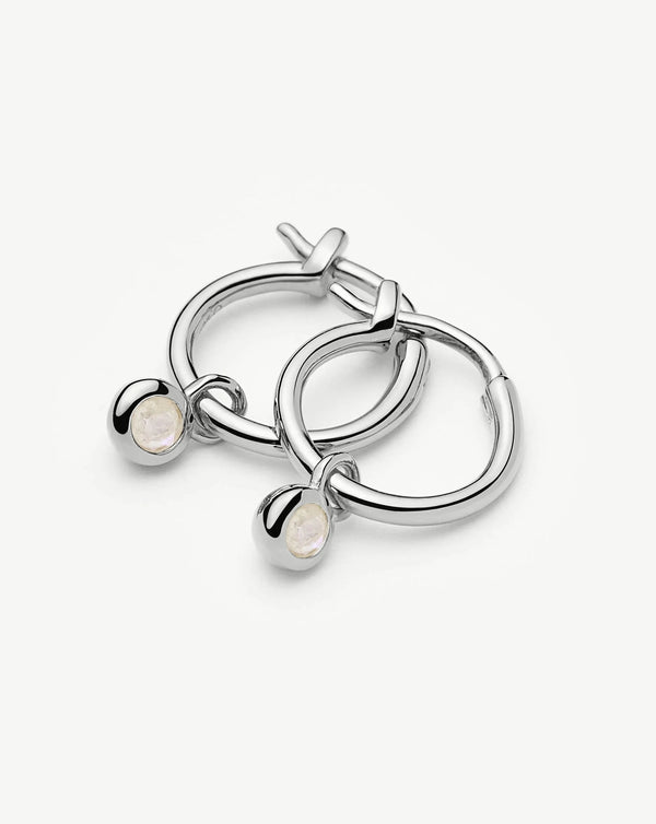 Missoma June Birthstone Mini Charm Hoop Earrings | Sterling Silver/Rainbow Moonstone Earrings