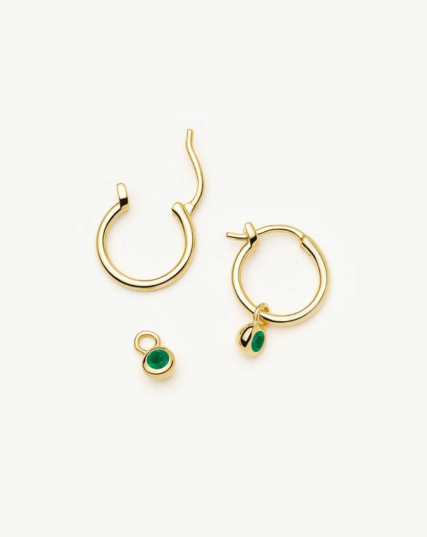 Missoma May Birthstone Mini Charm Hoop Earrings | 18ct Gold Vermeil/Green Onyx Earrings