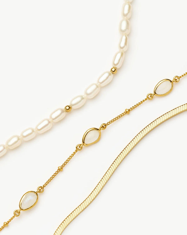 Missoma Pearl & Snake Chain Triple Bracelet Set | 18ct Gold Plated