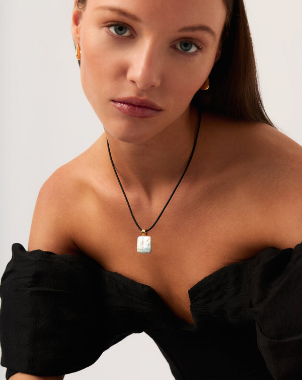 Missoma Square Pearl Pendant Cord Necklace | 18ct Gold Vermeil/Pearl