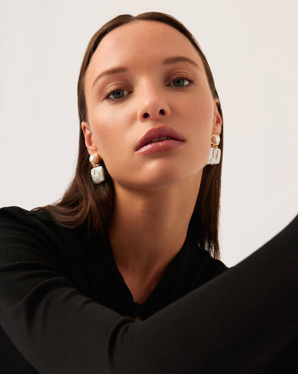 Missoma Square Pearl Statement Earrings | 18ct Gold Plated/Pearl