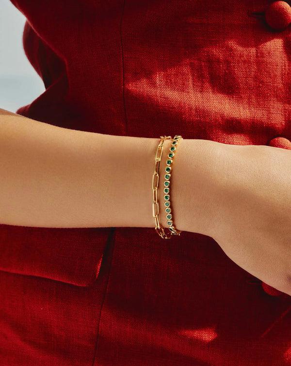 Missoma Tennis & Paperclip Bracelet Set | 18ct Gold Plated/18ct Gold Vermeil/Emerald Green Nano-crystal