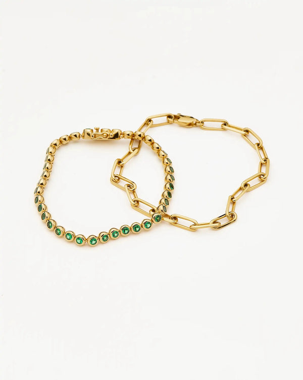 Missoma Tennis & Paperclip Bracelet Set | 18ct Gold Plated/18ct Gold Vermeil/Emerald Green Nano-crystal