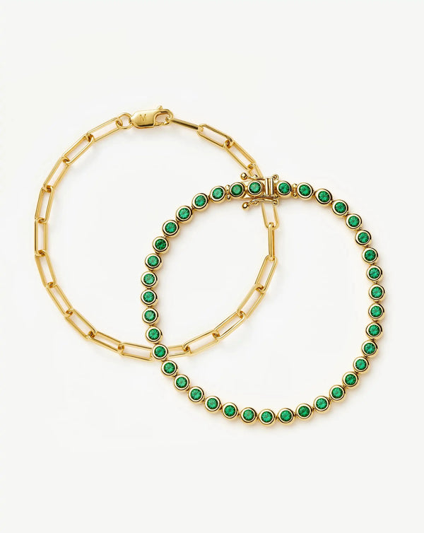 missoma Tennis & Paperclip Bracelet Set | 18ct Gold Plated/18ct Gold Vermeil/Emerald Green Nano-crystal