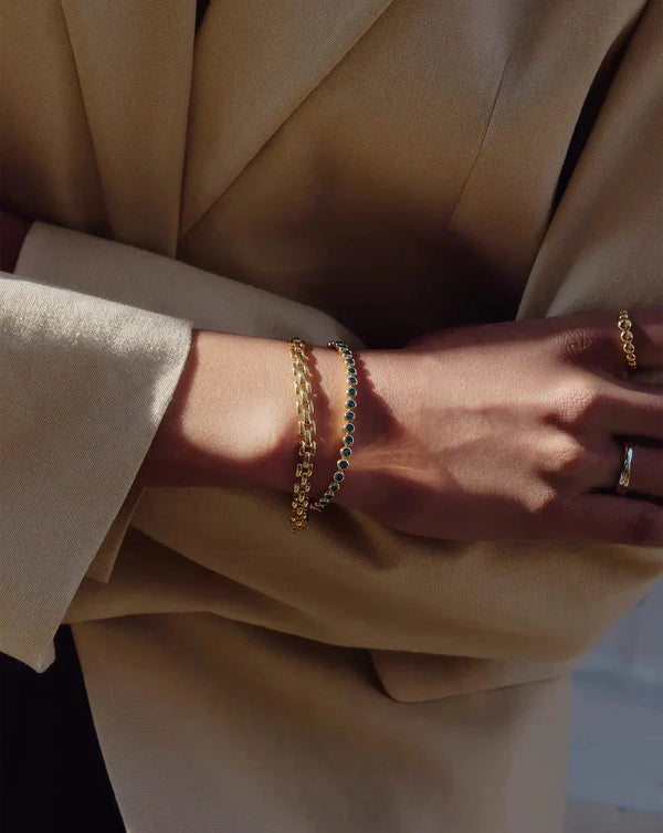 Missoma Tennis & Timepiece Bracelet Set | 18ct Gold Plated/18ct Gold Vermeil/Sapphire Blue Nano-crystal