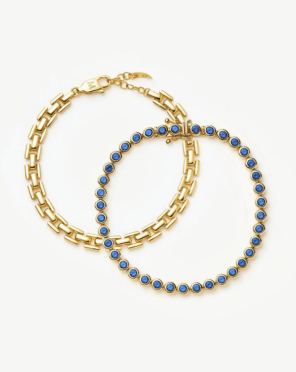 missoma Tennis & Timepiece Bracelet Set | 18ct Gold Plated/18ct Gold Vermeil/Sapphire Blue Nano-crystal