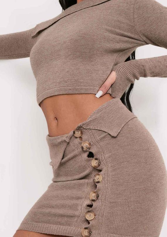 Missyempire Adira Oatmeal Knitted Button Detail Mini Skirt