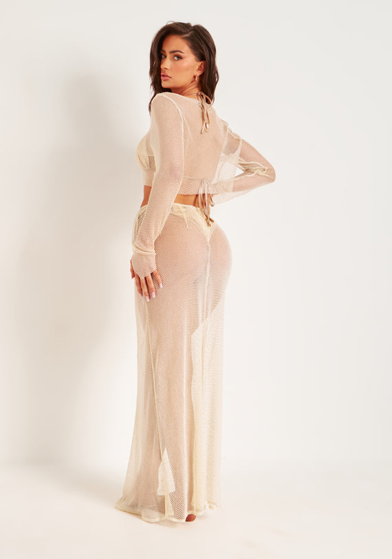 Missyempire Alani Beige Lurex Shimmer Fishnet Mesh Maxi Skirt