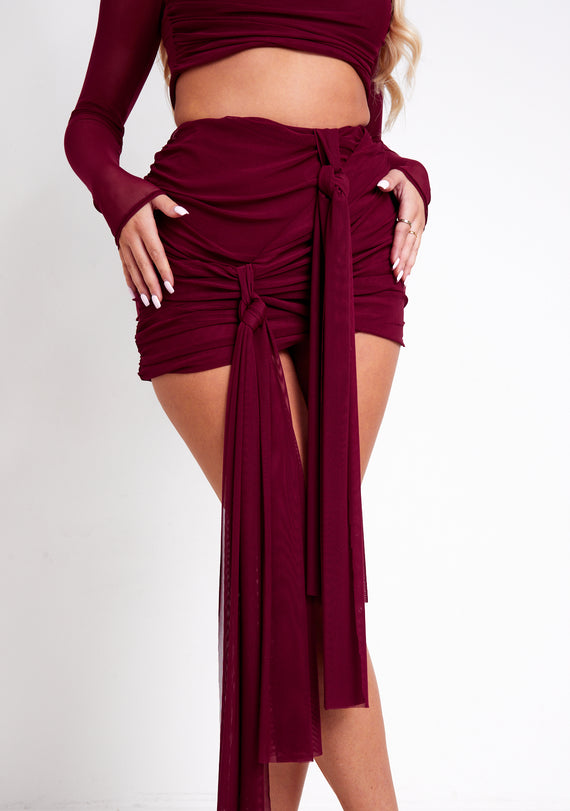 Missyempire Alanna Burgundy Mesh Drape Detail Mini Skirt