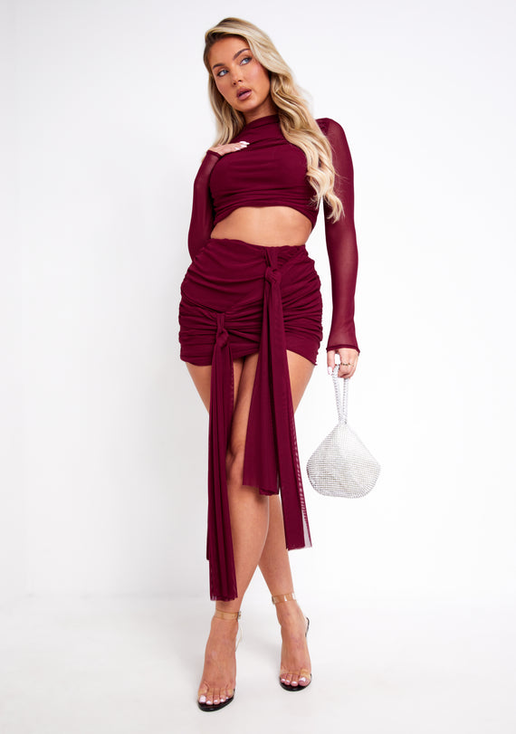 Missyempire Alanna Burgundy Mesh Drape Detail Mini Skirt
