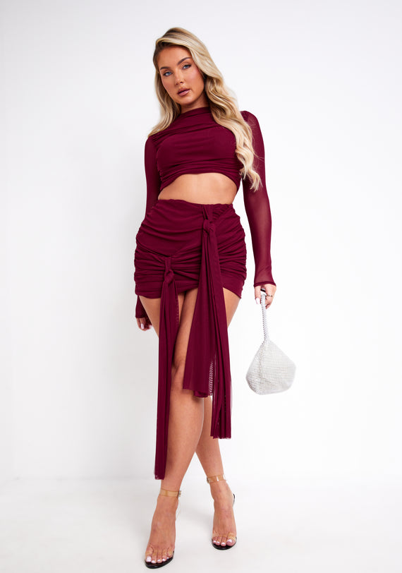 missyempire Alanna Burgundy Mesh Drape Detail Mini Skirt