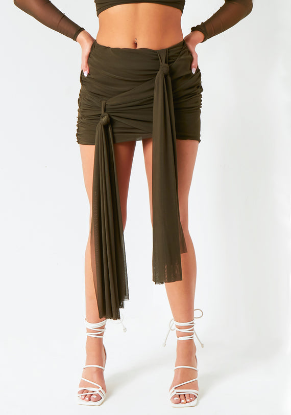 Missyempire Alanna Dark Khaki Mesh Drape Detail Mini Skirt