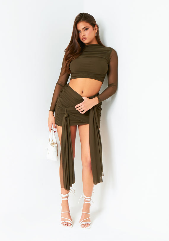missyempire Alanna Dark Khaki Mesh Drape Detail Mini Skirt