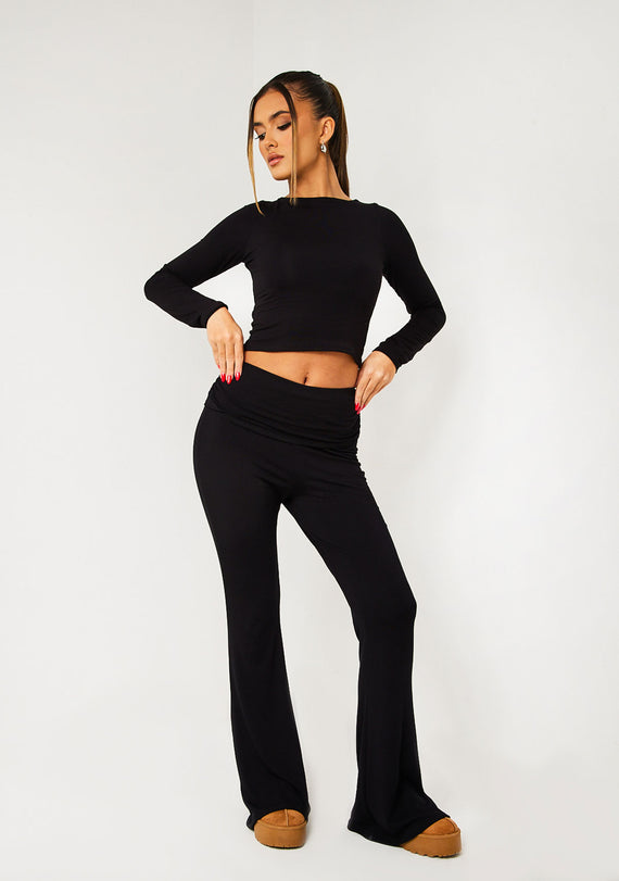 missyempire Alena Black Fold Over Flared Yoga Pants