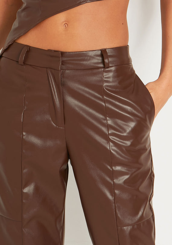 Missyempire Alessia Brown Faux Leather Seam Detail Straight Leg Trousers