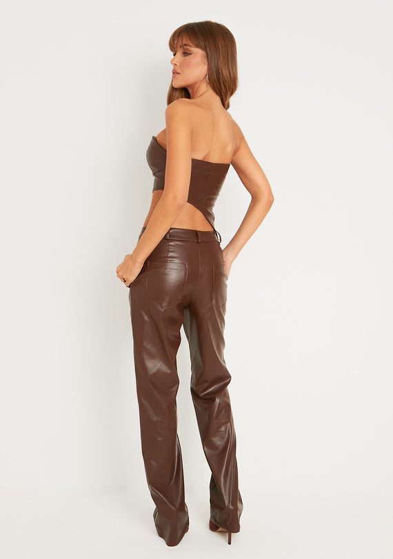Missyempire Alessia Brown Faux Leather Seam Detail Straight Leg Trousers