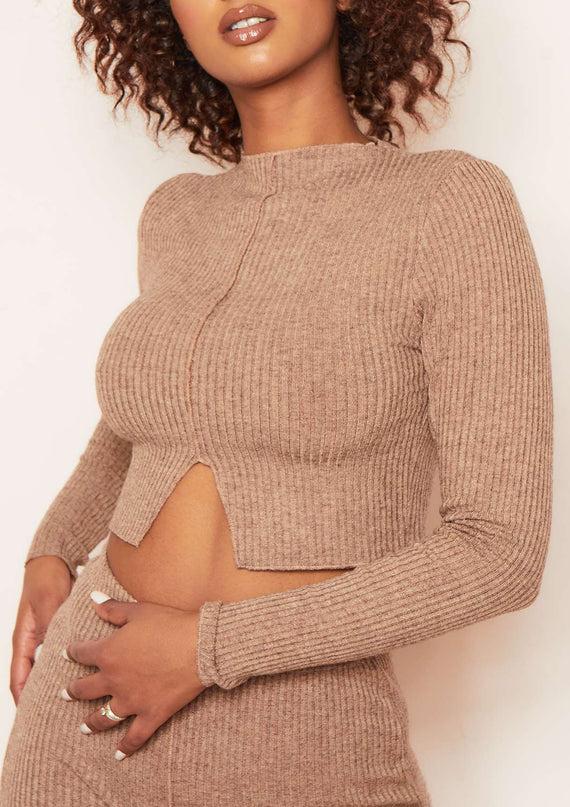 missyempire Alia Mocha Soft Rib High Neck Exposed Seam Long Sleeve Crop Top
